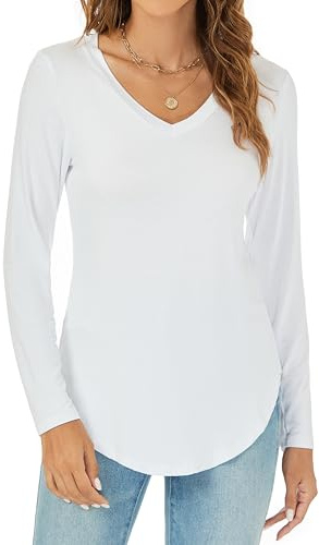 Famrrifuu Tee Shirt à Manches Longues Femme Haut Col en V Élégant Top Basique Léger Automne Hiver T-Shirt Top,Blanc,L