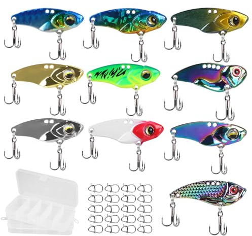 Esche per Pesca, 10 Pezzi Set di Esca Pesci con Lama Rotante Traina Colorate con 2 Scatole per Attrezzi con 20 Girelle, Richiamo per Pesce Acqua Dolce e Salata