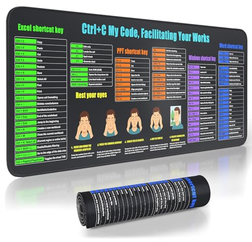 Excel Shortcut Keys Mouse Pad Mat Windows/Word/PPT Cheat Sheet Extra Large Keyboard Desk Pads for Office/Home Computers Laptops Tables Mouse Pads Mats Protector Accessory 800X300 mm (XL)