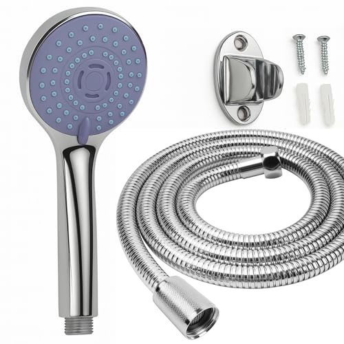 Alcachofa de Ducha Multifunción con Manguera, Plata, ABS Cromado, 9.5 cm, Alcachofa de ducha con manguera + 1.75 m, Alta Presión, 5 Funciones, Manguera 1.75 m