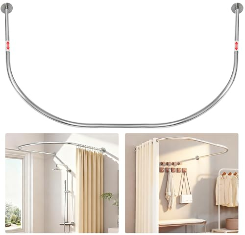 ZAIONE U-Shaped Shower Curtain Rail: Adjustable 90-130cm Silver Curved Corner Shower Pole Drill or No-Drill Stainless Steel Classic Design for Traditional Bathrooms