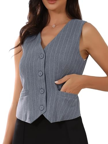 Allegra K Blazer sans Manches Femme Rayé Gilet De Costume Boutonné Col en V Doublé Habillé avec Poches Gris M