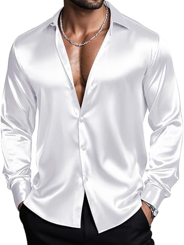 Barry.Wang Men's White Stretch Solid Shirts Satin Long Sleeve Button Down Dress Shirts Formal Casual Business Prom Party