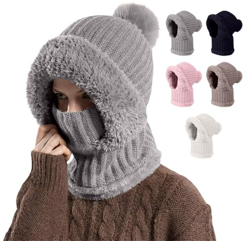 Beanie Hats for Women with Neck Warmer, Thermal Face Mask, Slouch Ajustable Knit Ladies Winter Hats Hairball, Warm Knitted Cap with Warm Fleece Linning, Balaclava Snood Hood Hat for Women