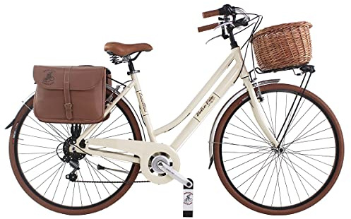 Dolce Vita By Canellini Bicicletta da città Vintage Oldstyle alluminio donna con borse e cesto (Panna, M)