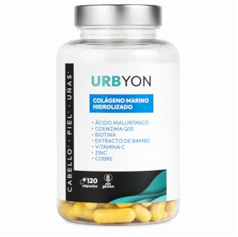 Urbyon – Colágeno Marino Hidrolizado con Ácido Hialurónico, Coenzima Q10, Biotina, Vitamina C, Zinc y Cobre – 120 Cápsulas – Suplemento para Cabello, Piel y Uñas con Extracto de Bambú