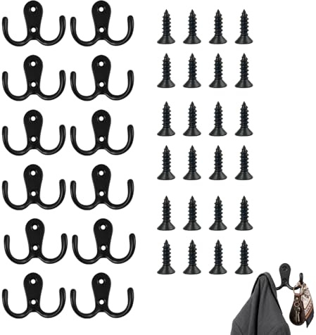 Aelxveba 12PCS Ganchos Dobles De Pared En Metal Negro, Estilo Vintage Resistentes, Incluye Tornillos En 2 Tamaños, Para Baño, Cocina, Dormitorio, Armario, Colgar Abrigos Y Decoración