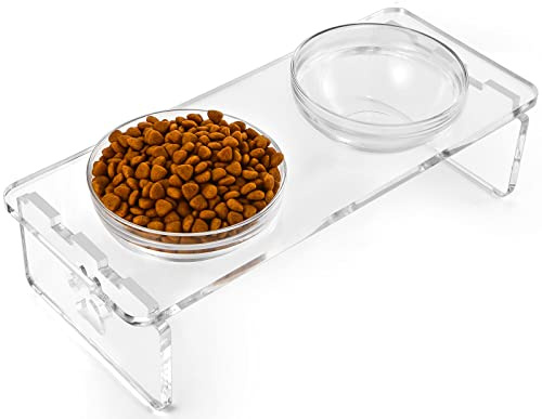 Cuencos elevados para Perros y Gatos, 10 cm, Soporte de acrílico Elevado para Mascotas con 2 Cuencos de Acero Inoxidable y 2 de Vidrio, Comida y Agua, para Cachorros y Gatos/Perros pequeños