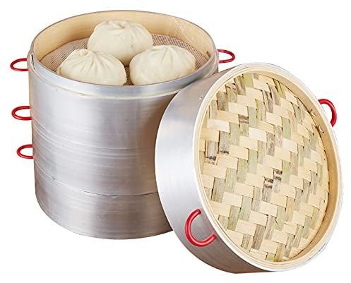 LTLWSH Dampfgarer Bambus, 3 Etagen Bambusdämpfer mit Deckel und Verbrühschutzgriff und Kanten aus Aluminiumlegierung, Bambus Dampfkorb Dämpfaufsatz für Reis, Dim Sum, Gemüse, Fleisch,20cm