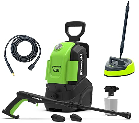 Greenworks G20 Compact Pressure Washer, 110 Bar, 456L/hour, 1400W with 5m Hose and Cleaning Accessories, 3 Year Guarantee