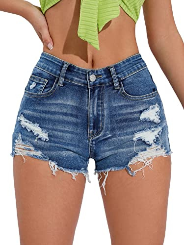 GORGLITTER Women's High Waist Ripped Raw Trim Denim Shorts Stretch Summer Casual Straight Leg Jean Shorts Medium Blue S