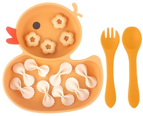 Qshare Baby Teller,Rutschfest Kinder Tischset mit Saugnäpfen,Geteilte Standfeste Babyteller Kleinkind Teller mit Löffel Gabel,BPA-Frei - Spülmaschinen und MikrowellenFest (Orange)