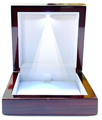 Necklace Box with LED Light – Small Jewelry Display Case for Bracelet, Earrings, or Chains – Luxury Lighted Wooden Presentation Box for Gifts, DIY Crafts, Mahogany, White Interior