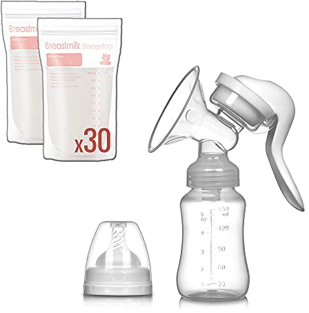 Sacaleches manual. Extractor de leche materna (150mL) - función de biberón anticólicos + tetina de flujo adaptable + 30 bolsas de almacenamiento de leche materna esterilizadas con doble cierre (200mL)