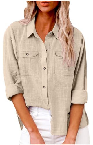 AMhomely Button Down Blouse Women Long Sleeve Oversized Shirt Casual Tops with Breast Pocket Solid Loose Office Work Tunic Tops Baggy Pullover Shirts Going Out Tees Shirts Holiday Vacation Beige M