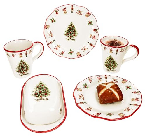 MamboCat Maestro Natale Service à petit-déjeuner 5 pièces I 1 beurrier, 2 assiettes à petit-déjeuner et 2 tasses à café pour 2 personnes avec décor de Noël I Vaisselle en céramique pour Noël