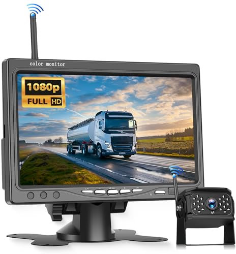 VECHTEL Kit Telecamera Posteriore IPS HD 7 Pollici senza Fili, Telecamera Retromarcia Auto con BSD Impermeabile IP68 Visione Notturna Supergrandangolo per 12V-36V Camion Camper Furgoni
