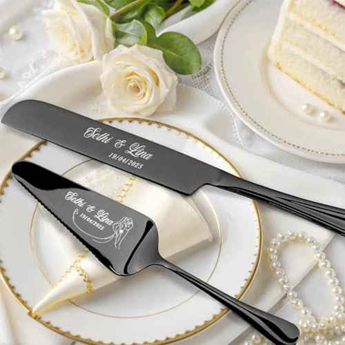 Custom Engraved Stainless Steel Cake Knife Set Gift Box, Suitable for Weddings, Birthdays, All Kinds of Parties (Black)