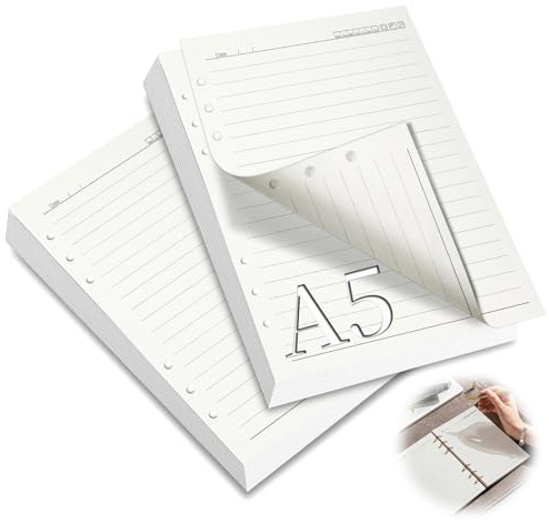 mawmuaw ringpärmsinlägg A5-linjerat, 2 förpackningar påfyllningspapper 6 hål ringbok A5 påfyllningsbar 120 ark refill papper påfyllningsinlägg anteckningspapper för dagbok anteckningsbok skiss målning
