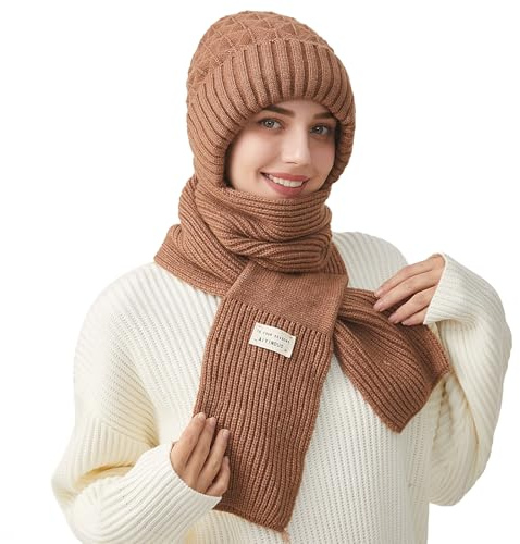 TAGVO Cappello e Sciarpa Invernali in Maglia Morbida da Donna, Beanie Cappello Termico da Donna Antivento con Elasticizzato Sciarpa Lunga, Berretto Scaldacollo per Sci, Ciclismo, Escursionismo