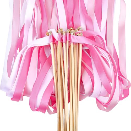WADORN 50Pcs Ribbon Wedding Sparklers Wand, Wedding Ribbon Streamers Sticks with Bells Silk Fairy Stick Wands 24.6'' Long for Send Off Party Holiday Activities Reception Celebration(Pink and White)