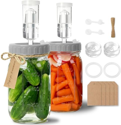 Myrthra 2 Pack Fermentation Jar Kit, 32 OZ (946ml) Fermentation Set with Silicone Lids, Airlocks, Glass Fermentation Weights & Labels for Sauerkraut, Kimchi & Pickles