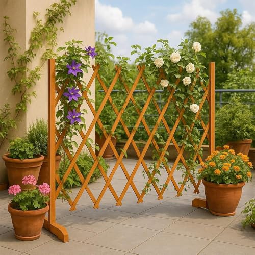 Paluplus Staccionata Estensibile in Legno di Abete, Lunghezza fino a 150 cm e Altezza 91 cm, Diametro 8 mm, Traliccio per Sostegno di Piante e Fiori, Recinzione Decorativa Autoportante -8102F