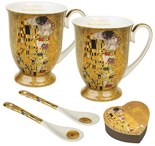 Queen Isabell Kaffemugg med Sked för Två Personer Porslinmugg The Kiss av Gustav Klimt Presentförpackning Presentidé Set med 2 x 250 ml