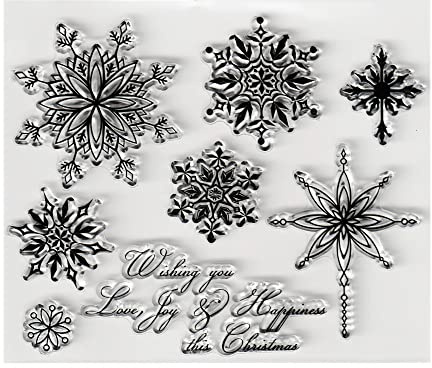 AHTOLS 7pcs Snowflake Clear Stamps Silicone Stamp Cards with Sentiments,Merry Christmas Transparent Seal Stamps for Holiday Card Making Decoration and DIY Scrapbooking Album DIY Crafts