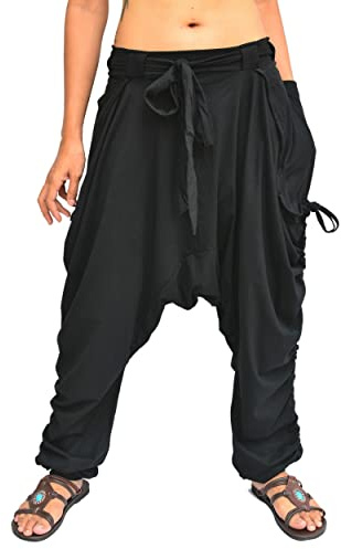 Sakoonee Women Men Harem Pants Palazzo Dhoti Style 2 Pockets Cotton Black, One Size