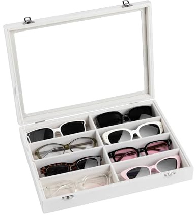 Frebeauty Sunglass Organiser,Velvet Glasses Organiser,8-Slot Sunglasses Tray with Clear Lid,Men's/Women's Sunglasses Box,Sunglass Case,13.3 x 9.6 x 2.2 Inches,Eyeglass/Eyewear Display Tray(White)