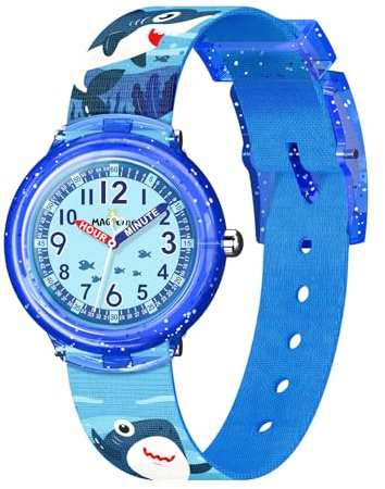 Bigmeda Reloj Infantil de Unicornio con Estampado de Animales, Correa Textil, analógico, para niño y niña, Tiburones Azul, Correa