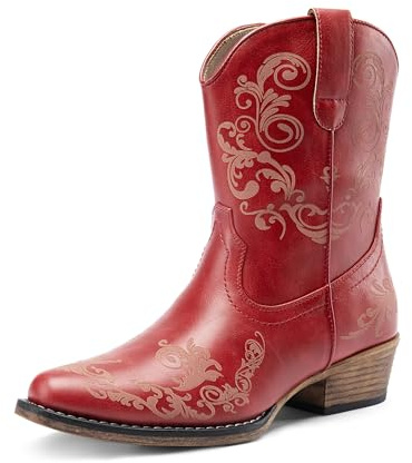 DREAM PAIRS Women's Cowboy Cowgirl Western Ankle Boots Low Chunky Heels Square Toe Fall Short Booties Shoes,Size 11,Red,SDAB2407W