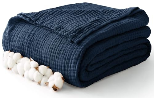 Kozyhvn Couverture 100 % mousseline de coton pour très grand lit, 274,3 x 228,6 cm, 6 couches, respirante et légère, couvre-lit doux, couverture en gaze pour adultes, toutes saisons, bleu marine
