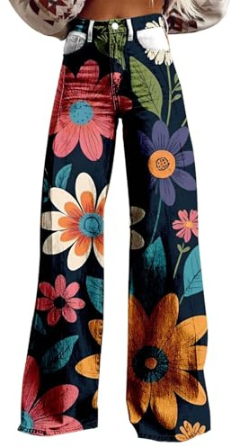Pantalon Patte D'elephant Femme Pantalon à Jambes Larges pour Femmes, imprimé Floral Vintage, Taille Haute, Droit, Extensible, avec Poches Les Vetement pour Femme Vetement Fete Femme (Navy, L)