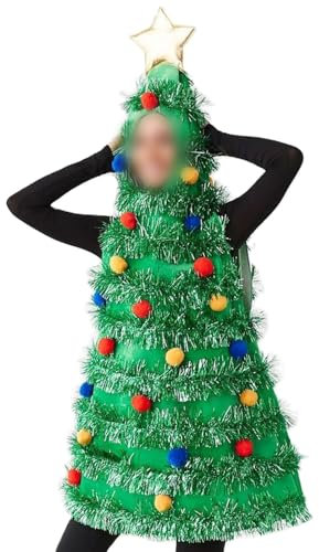 Felcia Damen Weihnachtsbaum Kostüm Elegant Ärmellos Plüsch Ball Lametta Patchwork Kapuze Minikleid Xmas Verkleidung (A-Grün, Einheitsgröße)