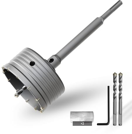 CSOOM Scie cloche à béton, 115 mm, avec rallonge SDS-Plus de 220 mm, kit de scies cloches pour béton, couronne de forage creuse, 4 forets de centrage tranchants 8 x 110 mm, pointe en carbure de