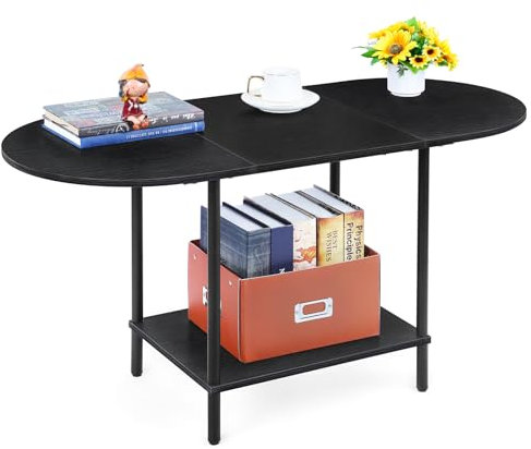 CADUKE Couchtisch, Kaffeetisch für Wohnzimmer, Ovaler Couchtisch mit Stauraum und abgerundeten Ecken, Sofatisch aus Holz mit Metallbeinen, Schwarz