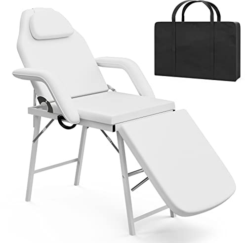 ONPNO Portable Beauty Bed, Adjustable Massage Table with Storage Bag, Folding Salon Tattoo Chair for Facial, Spa, Lash, White