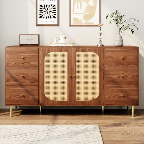 Aparador de ratán con cajón, armario de almacenamiento independiente de madera, cocina, hogar, salón (marrón)