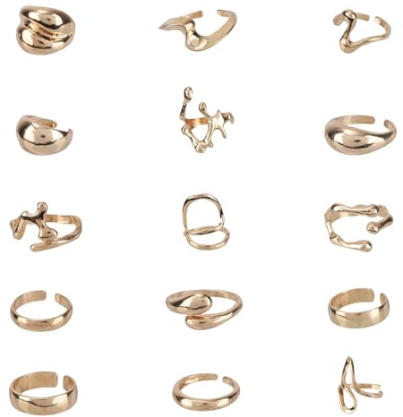 Mikovivi 15 St Guldringset, Justerbart Guld Chunky Ringar Set Staplingsbara Öppna Fingersmycken Vintage Knogsmycken Minimalistiska Presenter för Kvinnor