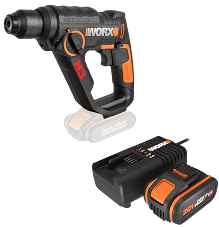 PACK WORX Marteau perforateur sans fil 20V H3 WX390.9 + Kit Batterie 4Ah, chargeur rapide, percer, visser, perforer tous les matériaux, 1,2J, mandrin 13 mm, Accessoires forets et embouts de vissage