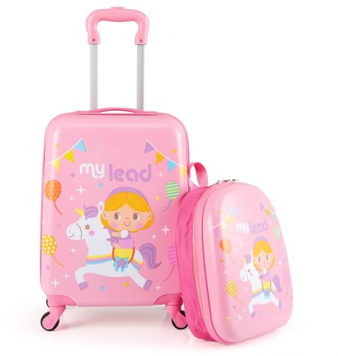 COSTWAY Kids Suitcase, 2Pcs Luggage Backpack Set with Wheels, Telescopic Handle, Airline Approved Carry-on Children Travel Suitcase for Holidays, Sleepovers, School Trips (Unicorn)