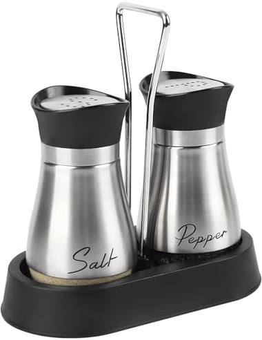 Salt and Pepper Sets, Salt and Pepper Shakers with Holder, Set of 2 Stainless Steel and Glass Bottle Salt Shaker Cellar Dispenser for Kitchen, Cooking, Camping (Stainless Steel)