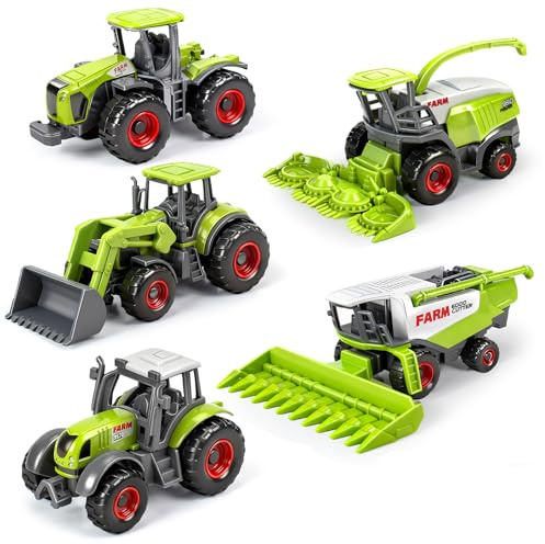 Tcvents 5PCS Tractor Toy, Die Cast Farm Trucks Tractor Toys for Kids 3-5 6 7 8 Farm Equipment Toys for 3 Years Old and Up Boys Toddlers Easter Gifts - Includes Tractors, Combine Harvester
