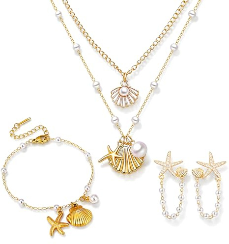 HgaftnK Shell Jewellery Set, 3 Piece Layered Charm Necklace and Starfish Earrings with Bracelet, Summer Beach Jewelry for Holiday Vacation, Gold Pearl Theme Accessories