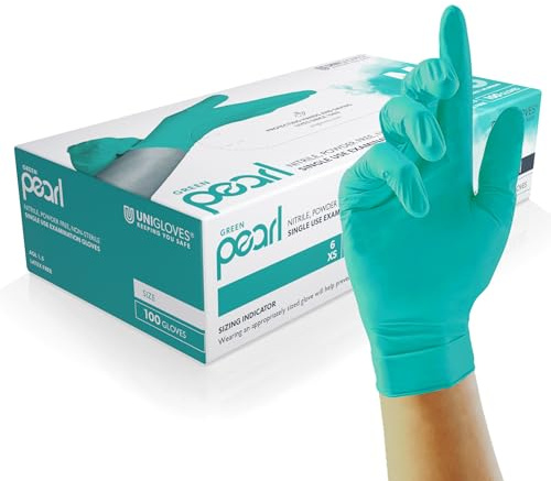Unigloves Green Pearl Nitrile Examination Gloves - Multipurpose, Powder Free and Latex Free Disposable Gloves - Box of 100 Gloves, Green, Large (GP0044)