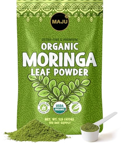 MAJU's Organic Moringa Powder (1 Pound), Oleifera Leaf, Extra-Fine Quality, Dried Drumstick Tree Leaves, For Tea, Smoothies, Food-Grade