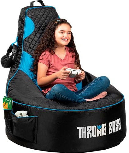Throne Boss Gaming Bean Bag Chair Cover for Kids with High Back, Blue – Gamer Chair for Kids with 2 x Large Side Pockets, Headphone Hanger, Easy to Clean Fabric, Requires 200 Liters Polystyrene Beans