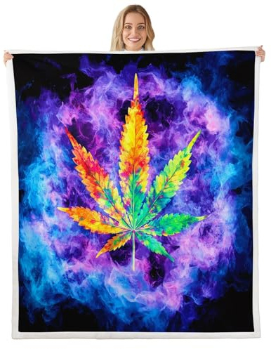 Marijuana Weed Leaf Fleece Throw Blanket for Bed Soft Couch Children Bright Cannabis Leaves Fuzzy Blanket Colorful Marijuana Leaf Sherpa Blanket Botanical Plant Room Decor Plush Blanket Queen 90x90